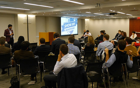 Naimish Gohil, pitching ShowMyHomework at FriedFrank offices in NYC 